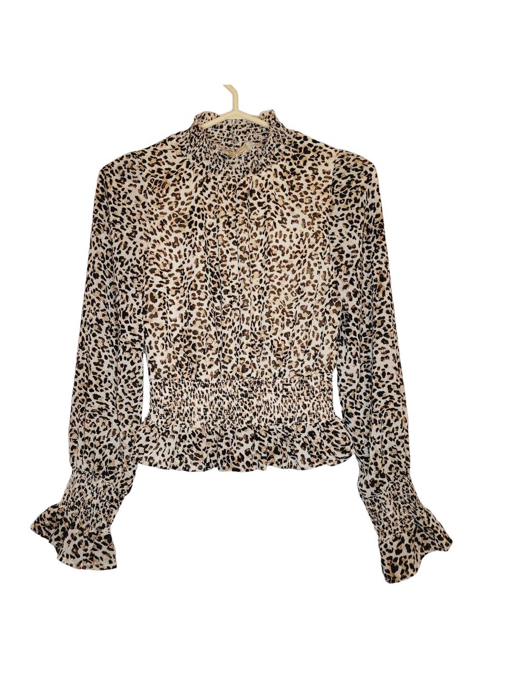 Japna cheetah print ruffled high neck top womens Size S Regal Romantic Maximal